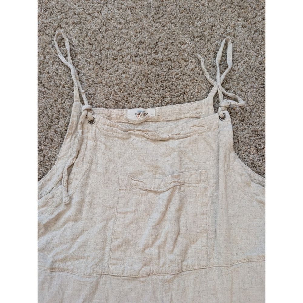 Cali 1850 Los Angeles Oatmeal Beige Linen Blend Tie Shoulder Short Overalls L - Picture 4 of 4